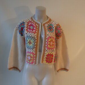 Womens Fox Sweaters White/Multi Color Open Crochet Knit Cardigan M *